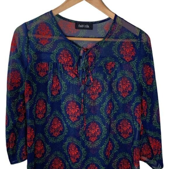 fab’rik Sheer Boho Blouse Blue Red Green Print Women’s Small Lightweight - Picture 4 of 12